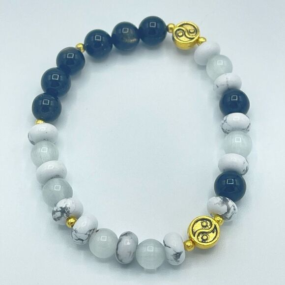 Yin Yang selenite golden obsidian howlite beaded stretch bracelet ONE NEW crysta - Picture 6 of 8